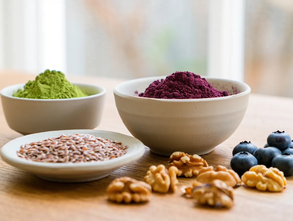 Close-up view of various superfoods including berries, seeds and green powders in ceramic bowls