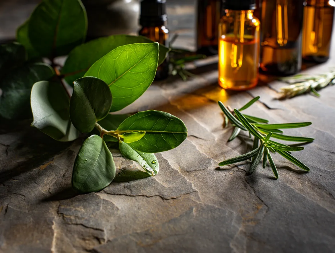 Fresh green plant leaves and botanical extracts displayed on a natural stone background